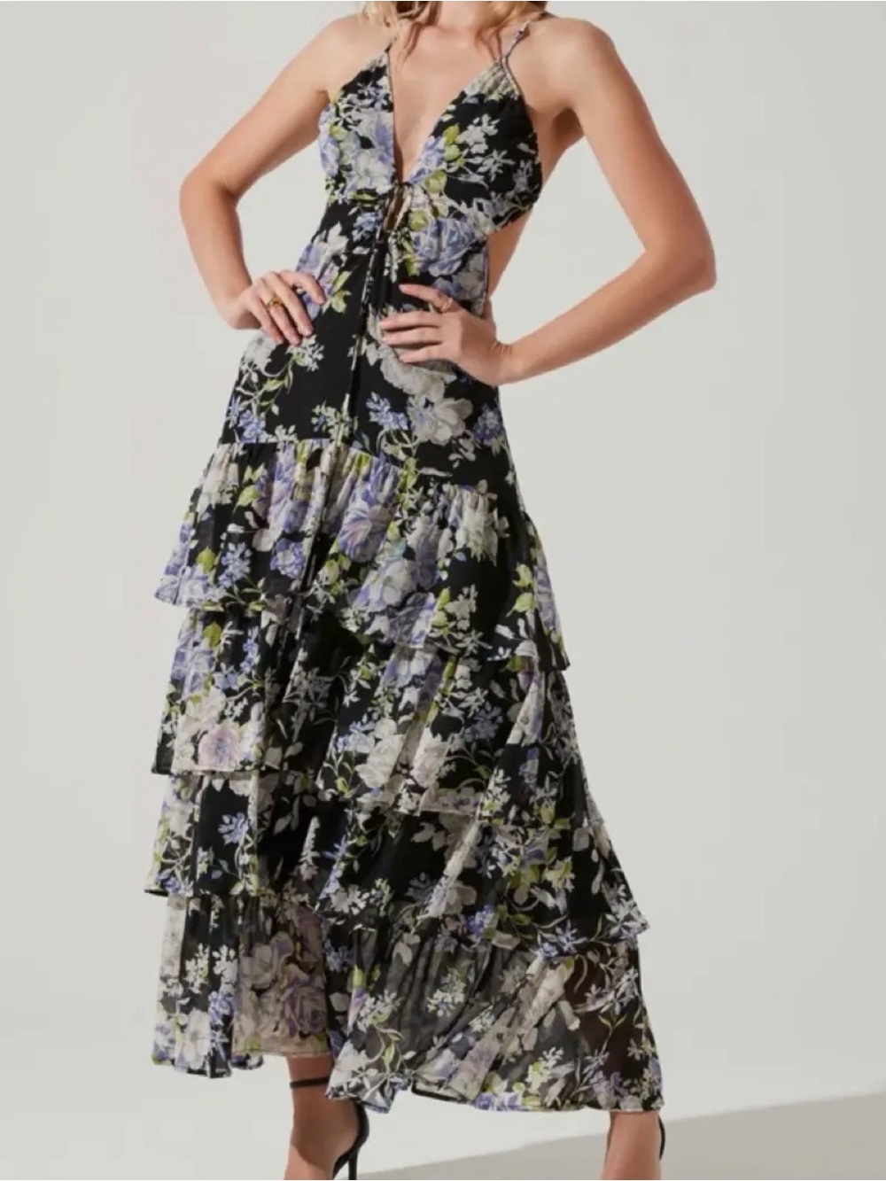 ASTR Floral Tiered Maxi Dress in Black and Lavender